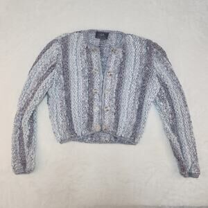Vintage 1990s Handmade Knit Sweater Silver Mauve Crop Striped Minimalist Small